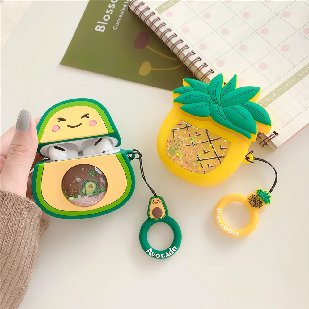 Cute fruit Liquid quicksand glitter pineapple Avocado Wireless Bluetooth Earphone Case for Airpods pro 3D Silicone headset Cover