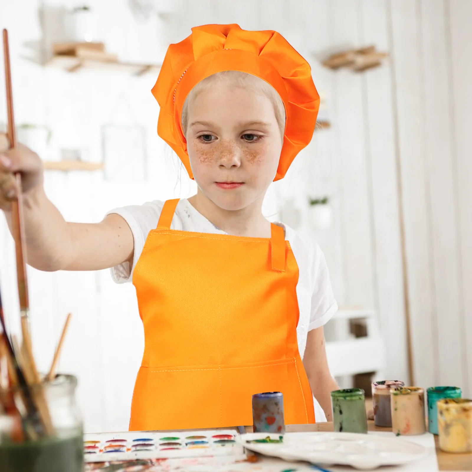 

1Set Child Apron with Hat Sleeve Adjustable for Kids Cooking Baking Painting Crafts Polyester Lightweight Comfortable Stain