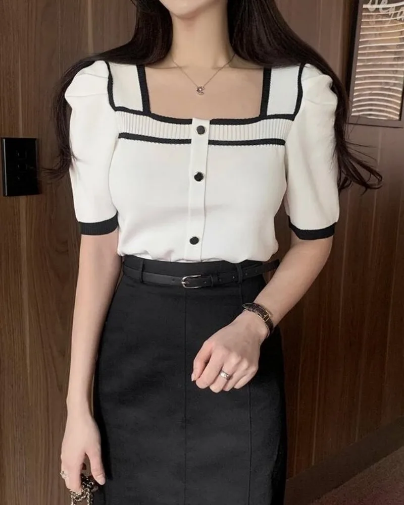 Contrast Square Collar Cardigans Femme Short Sleeve Sweater Single Breasted Ropa Mujer Knitwears 2024 Summer New Sueters