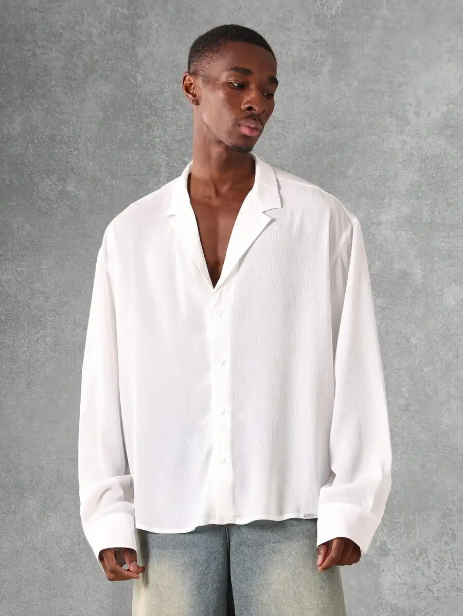 

White Relaxed Fit Button-Up Shirt with Notched Lapel, Lightweight Long Sleeve Casual Wear