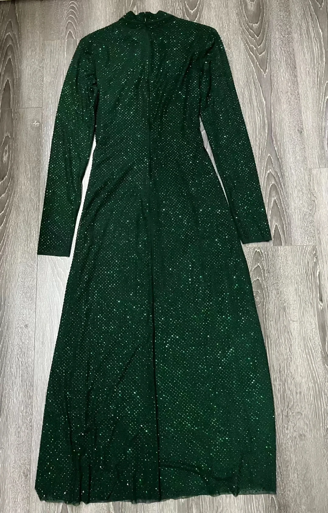 Women's Green Midi Dress Hot Rhinestone Stand Collar Long Sleeve Elegant Slim Robe