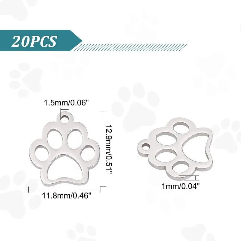 20Pcs 12.9mm Dog Paw Prints Charm Stainless Steel Pendants 1.5mm Small Hole Metal Hollow Charms for DIY Chain Jewelry Making