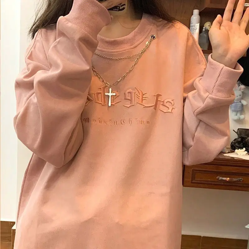 

Gothic Letter Embroidered Sweatshirt Women Pink Preppy Style Oversize Hoodie korean Streetwear Long Sleeve Tops