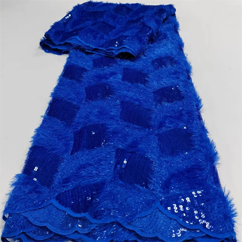 French Velvet Lace Fabric For Sew Woman\'s Party Dresses, African Fluffy Feather Mesh Embroidery Net Lace Royal Blue 2024 Latest