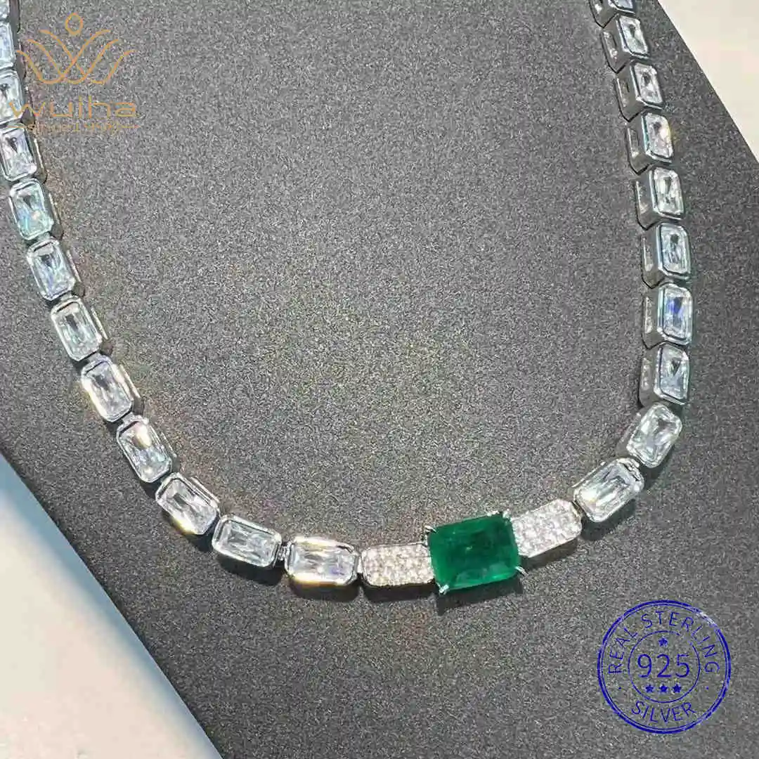 

WUIHA Vintage Emerald Sapphire High Carbon Diamonds Gemstone Necklaces Anniversary Cocktail 925 Sterling Silver Fine Jewelry