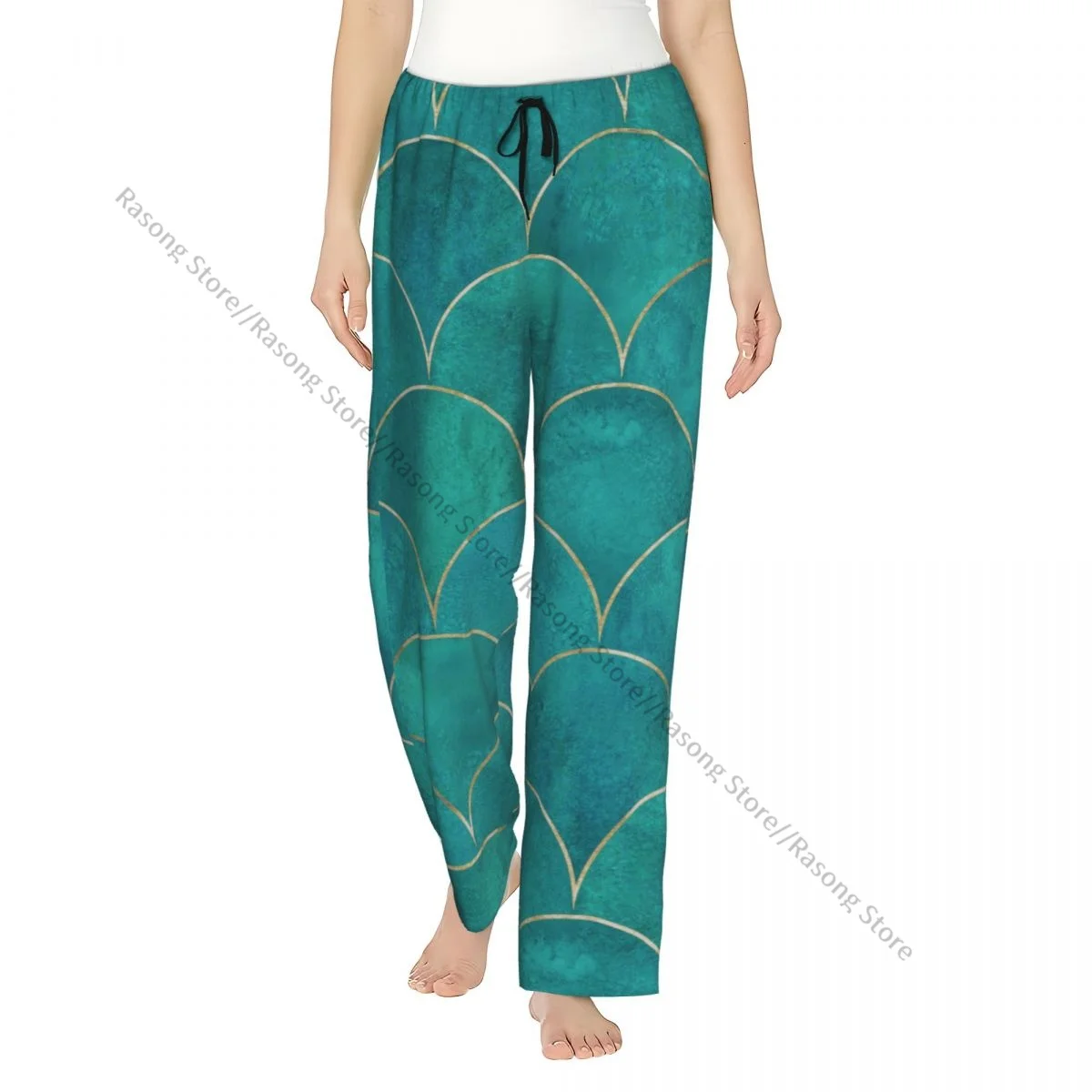 

Women Flannel Lounge Pants Soft Mermaid Fish Scale Japanese Wave Pajama Pants Winter Sleepwear