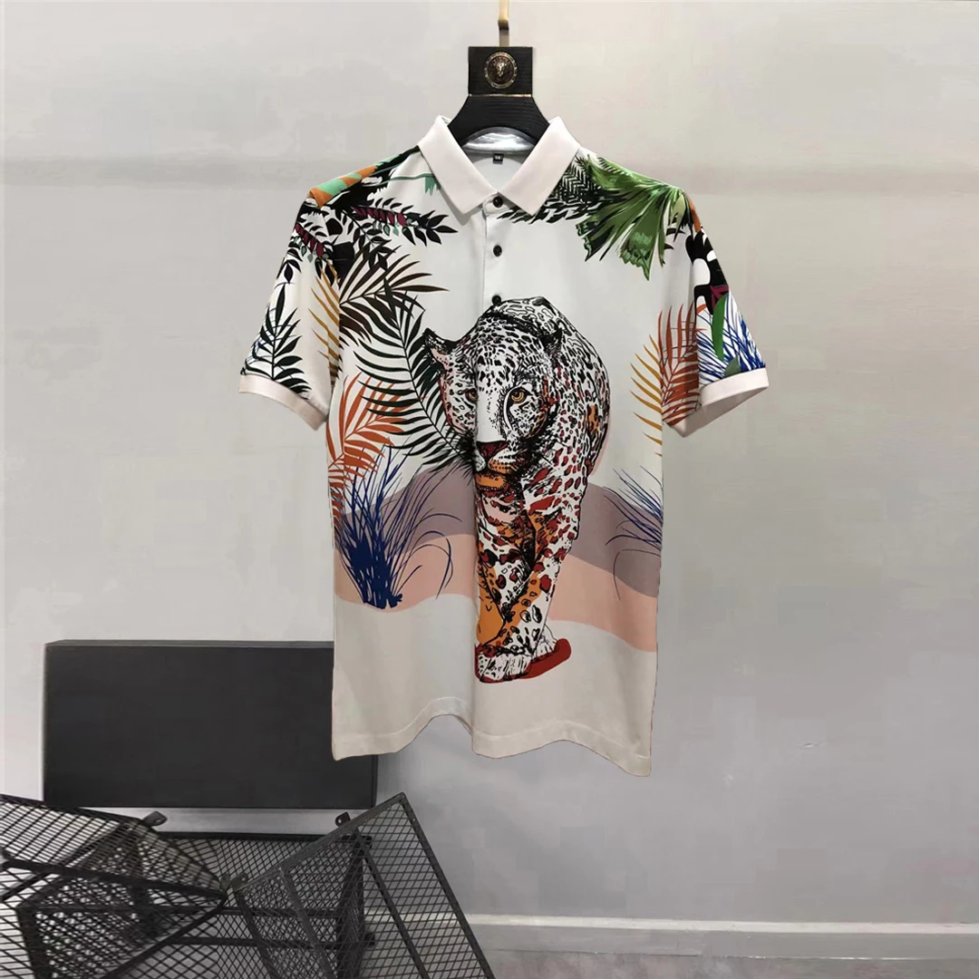 European and American men's wear summer 2022 new  Short sleeve lapel royal animal print  Fashion cotton T-shirt