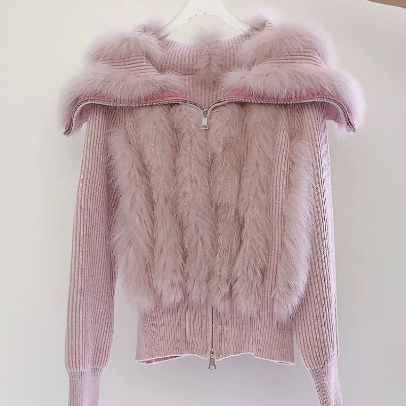 Winter Imitation Rabbit Fur Knitted Cardigan Faux Fox Fur Striped Sweater Coat Big Fur Sailor Collar Knitwear Jacket Zipper Tops