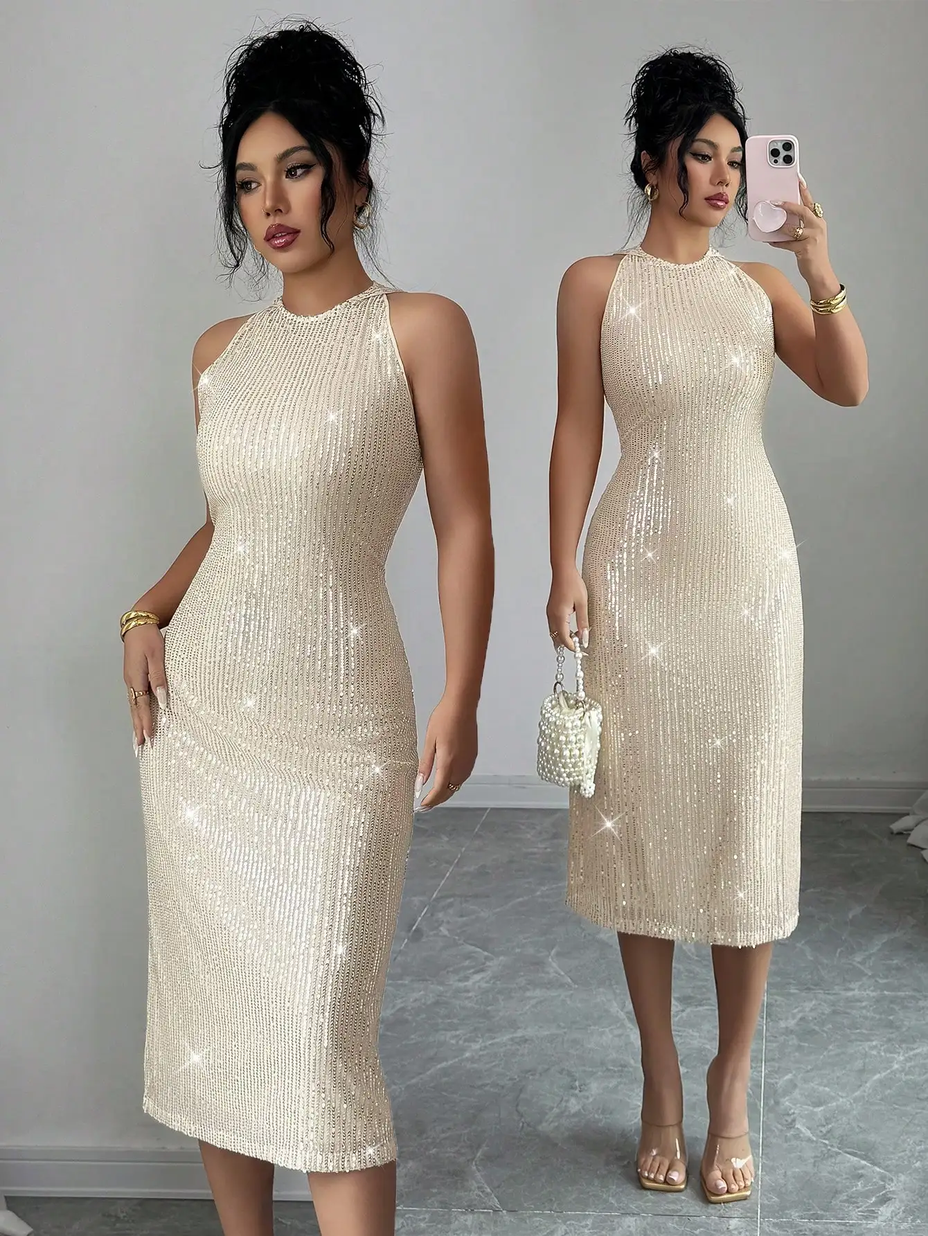 

Women's Sparkly Beaded Sleeveless High-Neck Fitted Midi Dress for Party Evening