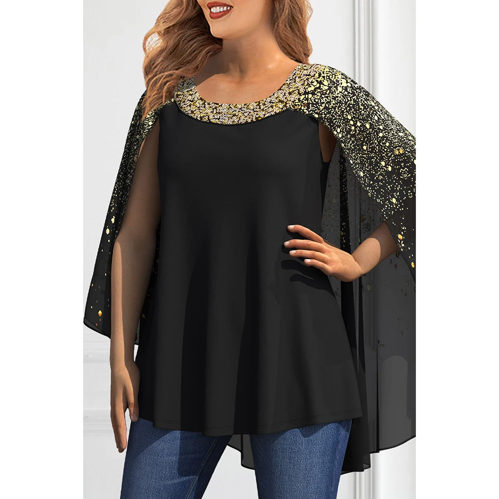 Plus Size Chic Zwart Chiffon Sprankelende Pailletten Bronzing Print Cape Mouw Blouse Ronde Hals Tops