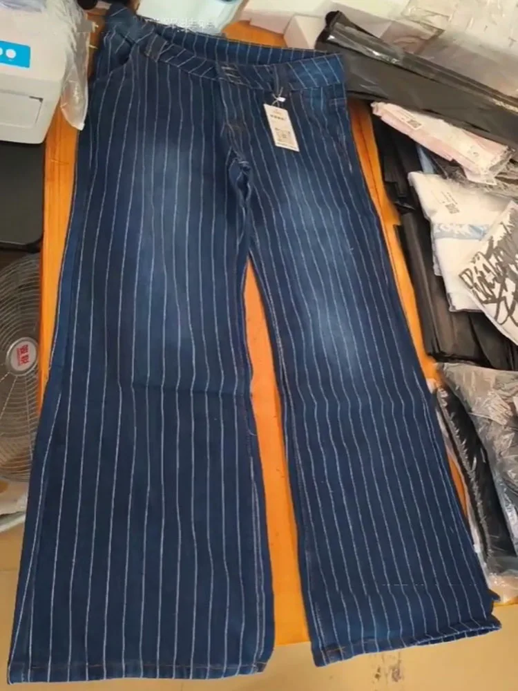 

Женские джинсы в синюю полоску в стиле ретро, американская мода, прямые джинсовые брюки с высокой талией, весенне-осенние потертые широкие брюки