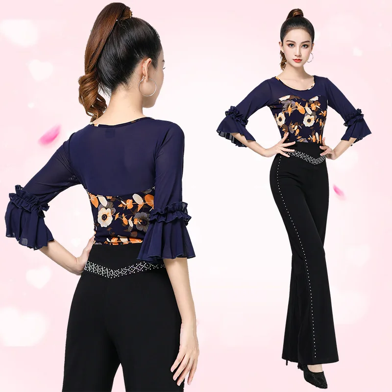 Modern Latin New Dance Costume Printed Middle Sleeve Top Diamond Pants Dance Costume