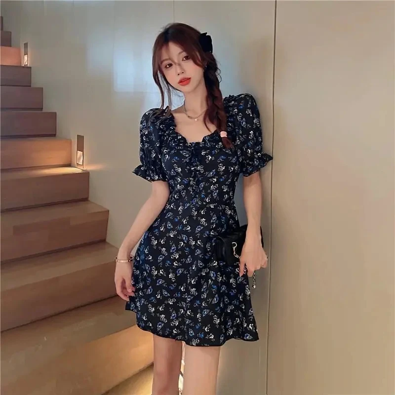 KPOP Women\'s Dress 2022 Summer New Sweet Broken Flower Mini Dresses Puff Sleeve Square Neck Dress Korean Style Girlish Sundress