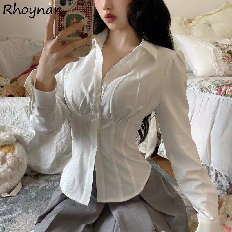 Solid Shirts Women Spring Spicy Girls Slimming Designed Long Sleeve Simple All-match Korean Style Leisure Daily Popular Trendy