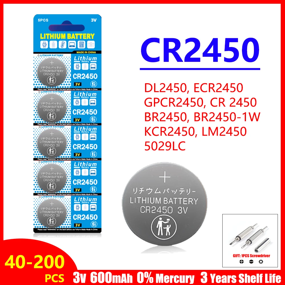 40-200PCS 3V CR2450 Button Batteries CR 2450 5029LC LM2450 DL2450 CR2450N BR2450 600mAh Lithium Cell Coin Watch Battery