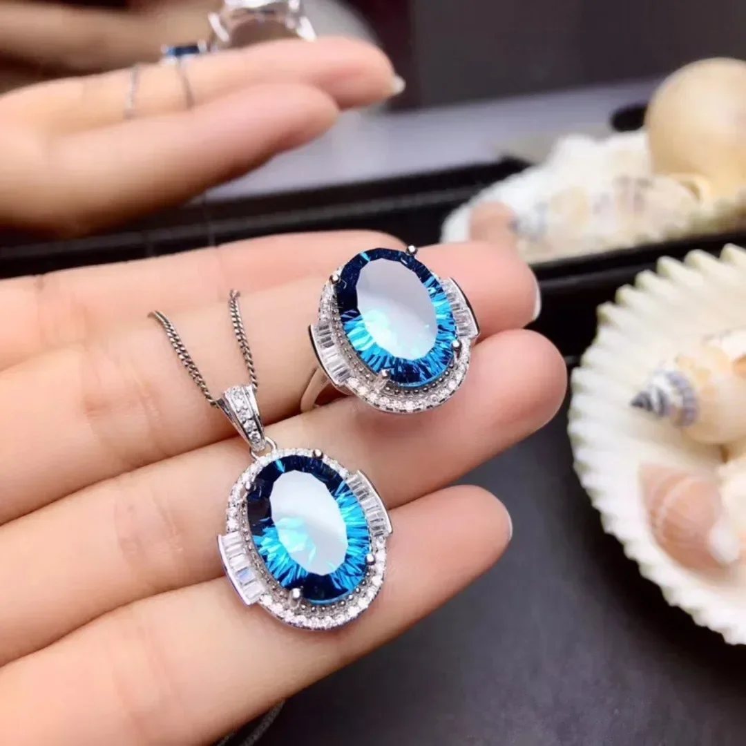 Fashion Big 10*14mm Round Natural  Blue Topaz Gem Ring Pendant Natural Gemstone Jewelry Set 925 Silver Women Party Gift Jewelry