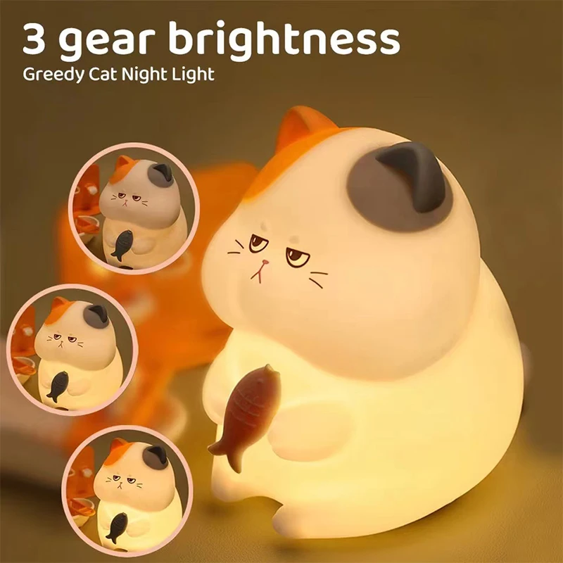 Greedy Cat Night Light para crianças, USB recarregável, quente e RGB, Lâmpada para dormir do berçário, luzes noturnas sem fio kawaii, decoração do