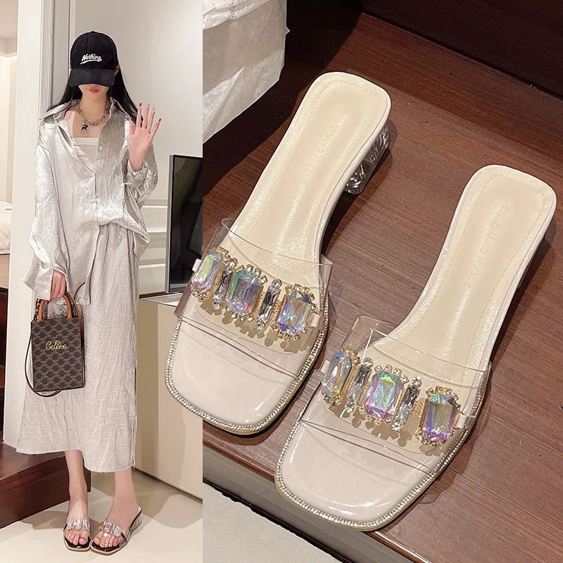 

Летние уличные женские босоножки на высоком каблуке, прозрачные нескользящие тапочки на одном ремешке на каблуке, повседневные шлепанцы с водным бриллиантовым декором