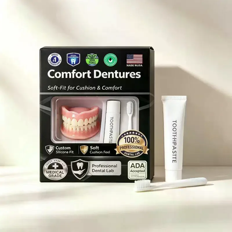 1 Set Upper & Lower Natural Ivory False Teeth Sets Moldable Silicone Denture Kit Instant Smile With Free Toothbrush & Toothpast