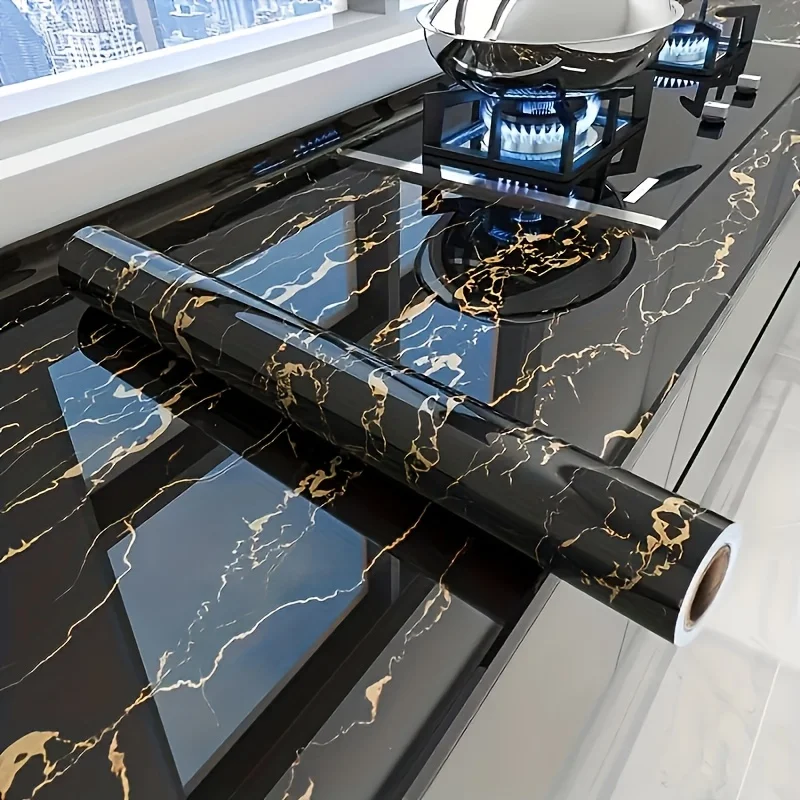 1pc Luxury Black Marble Wallpaper - Self-Adhesive, Large Kitchen Backsplash with Golden Veins, 23.62inch x 196.85inch, Easy Inst