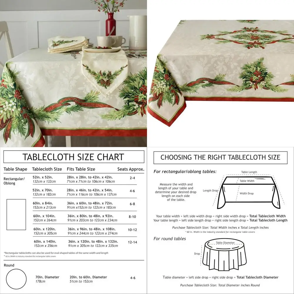

60x104 Christmas Ribbons Printed Fabric Tablecloth for Winter and Holiday Celebrations