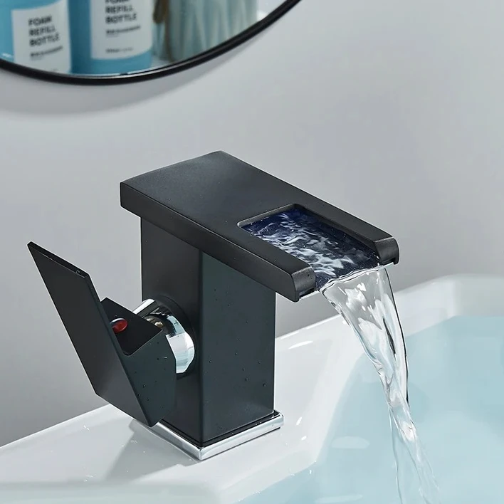 LED بالوعة الحمام صنبور النحاس شلال صنبور الحمام الأسود الساخن/البارد خلاط رافعة سطح الخيالة غسل بالوعة الصنابير مقبض واحد الحنفية #1