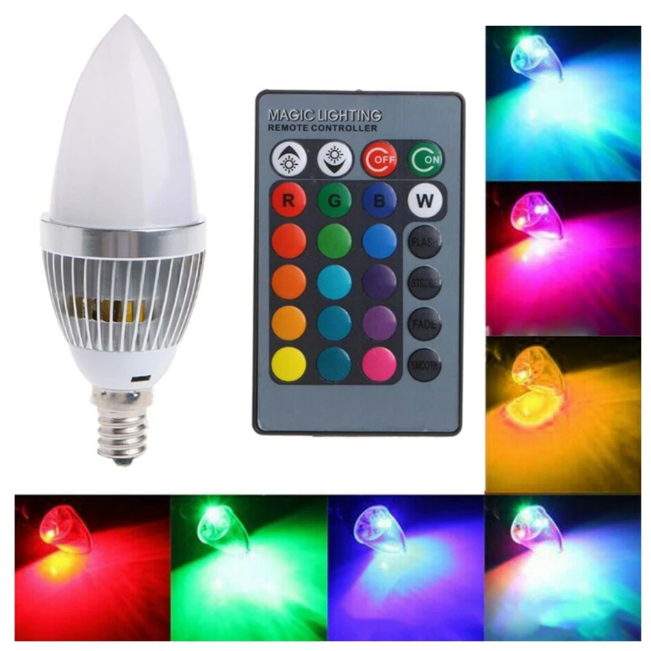 

B03C-3W Smart E12 RGB светодиодная красочная лампа изменения цвета с 24 свечами, кнопкой дистанционного управления, молочный абажур