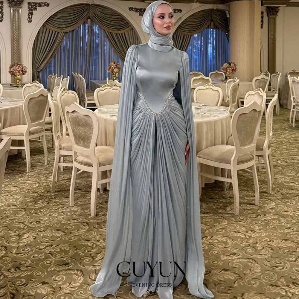 

CUYUN Simple Muslim Evening Dresses Woman Mermaid Formal High Neck Long Sleeve Pleated Prom Gowns Vestidos De Novia Customized