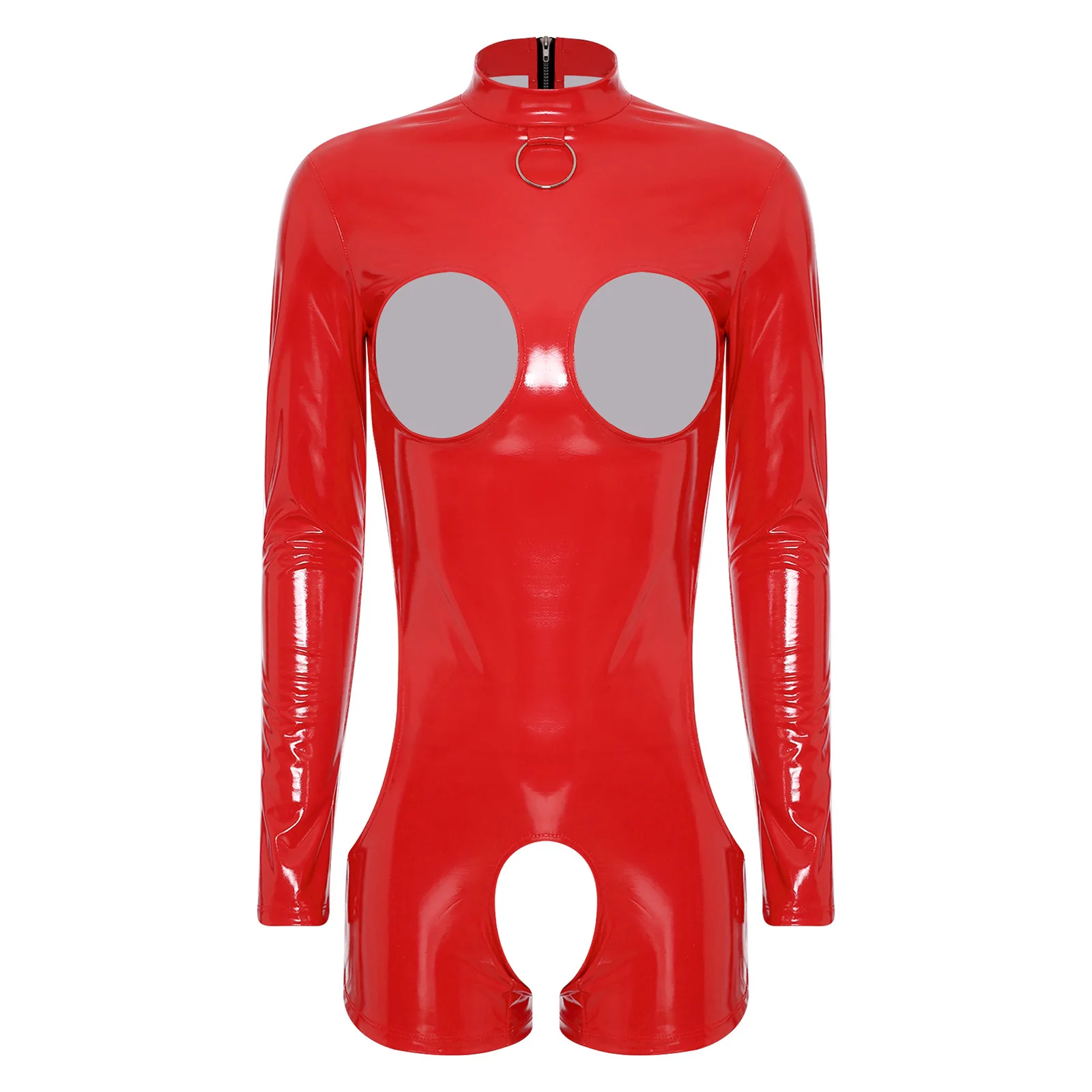 Lencería para mujer, Body de látex sin entrepierna, charol, aspecto húmedo, ropa para discoteca, pezones abiertos, muslo, anillo redondo, mono con cremallera trasera