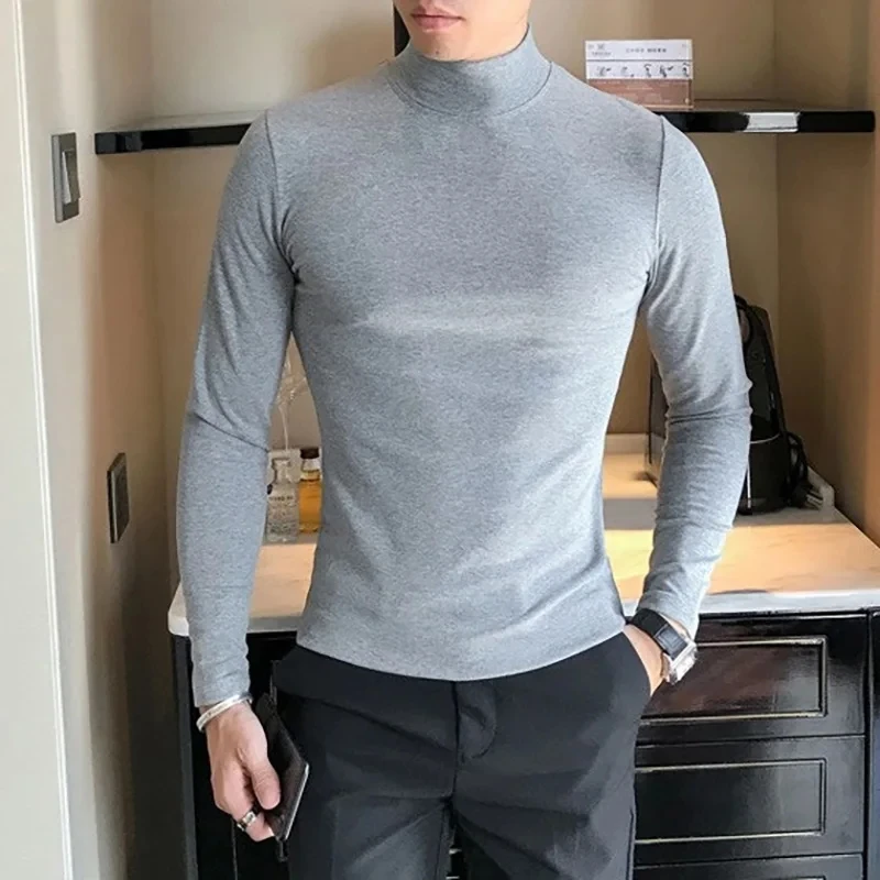 

2025 Autumn Winter Men's High Neck T-shirt Slim Fit Fashion High Elastic Long Sleeve Cotton Casual Breathable Apparel Pullover ﻿