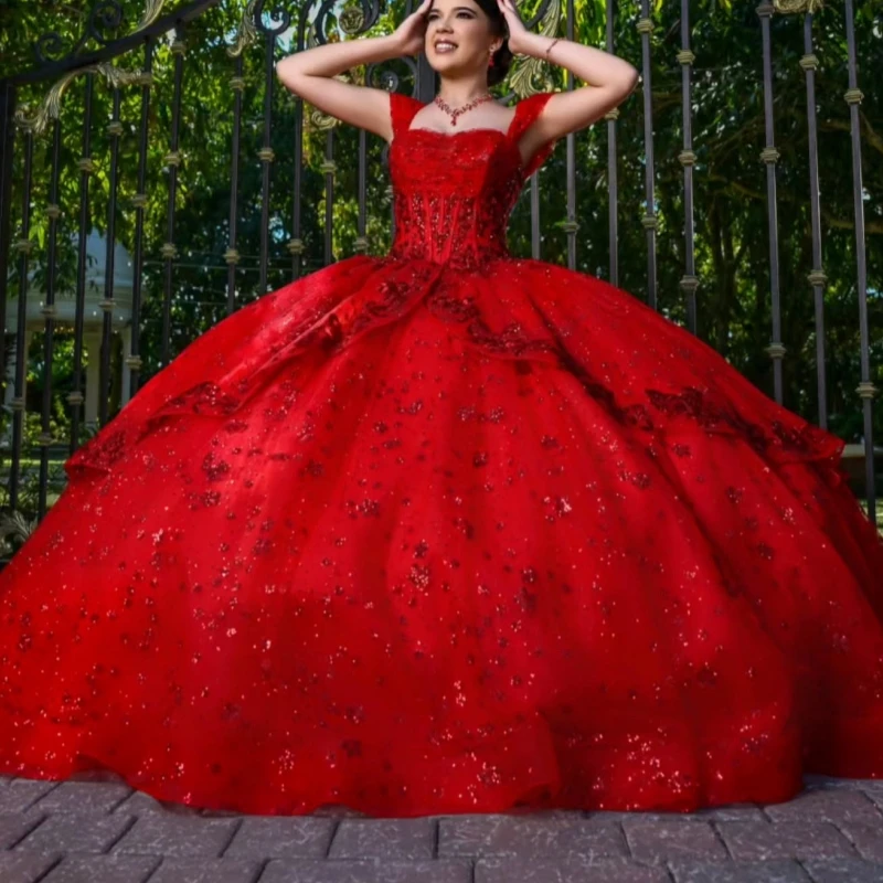 

Red Shiny Quinceanera Dresses Ball Gown Off The Shoulder Applique Lace Beads Tiered Tull Sweet 16 Dress Vestidos 15 De Anos