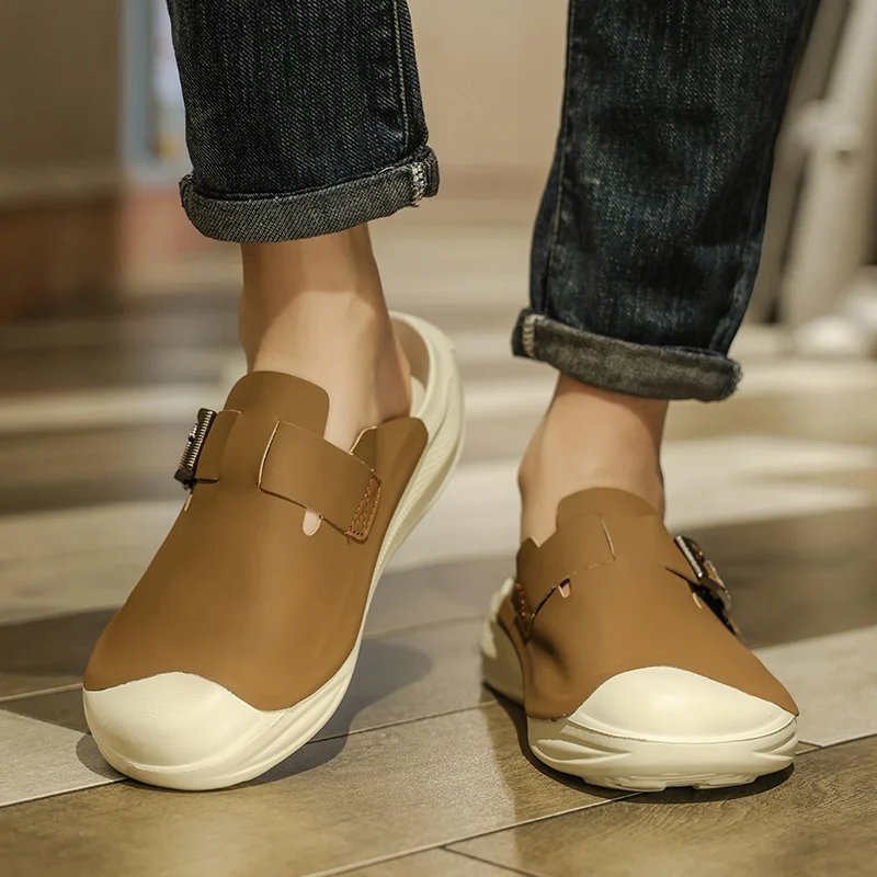 Chinelo Baotou meio masculino com fivela, sapato de praia antiderrapante, sandálias da moda, sola macia, sandálias respiráveis, moda verão