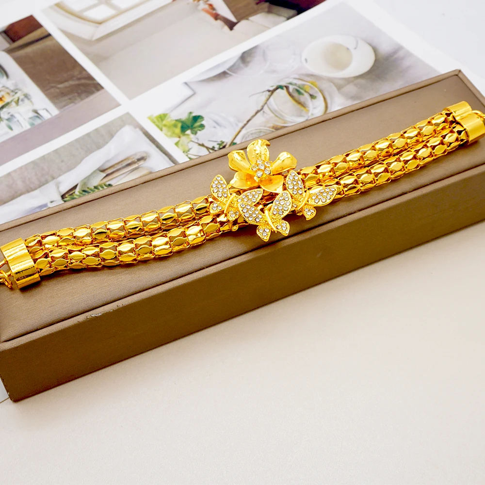 GDJWRI Indian Dubai Gold Color Jewelry Set For Women Bridal Long Necklace Set Nigerian Choker Necklace Bracelet Earring Ring Set