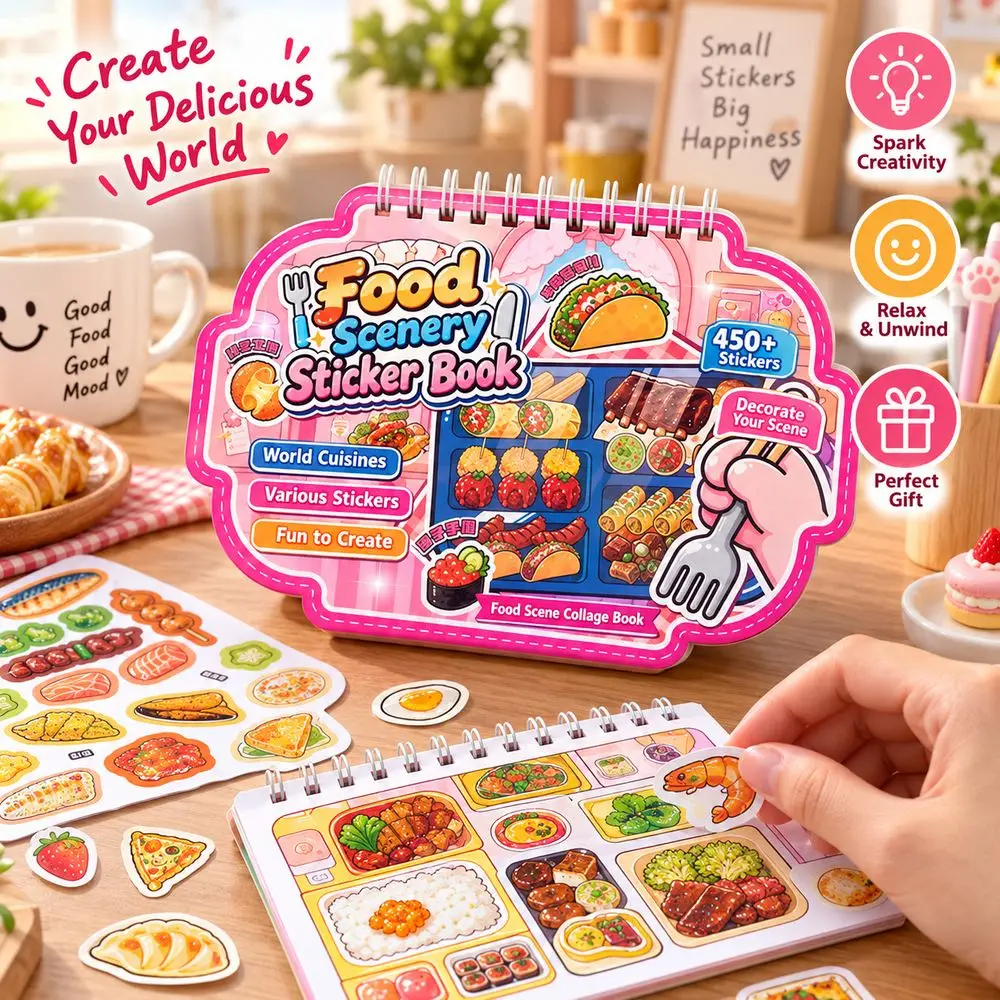 Self Adhesive Food Scene Sticker Book Cute Style Food Pattern Miniature Food Stickers Colorful Food Collage Stickers