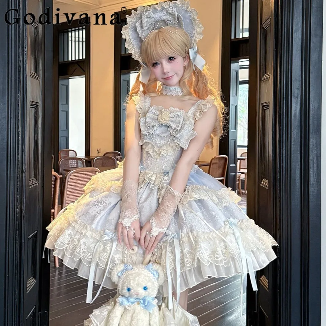 

Princess Style Tea Party Dress Set Summer 2025 Japanese Lolita Cute Bow Lace Short Dress Girls Slim-Fit Elegant Suspender Dress