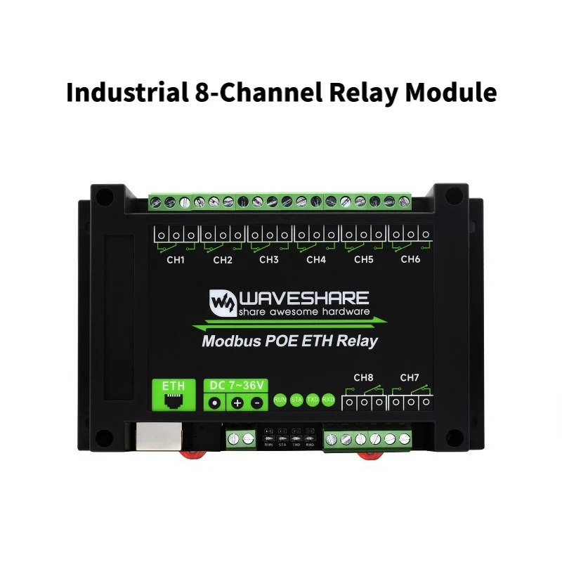Industrial 8‑Channel Relay Module, Modbus RTU/TCP, PoE Ethernet, DIN‑Rail Mount