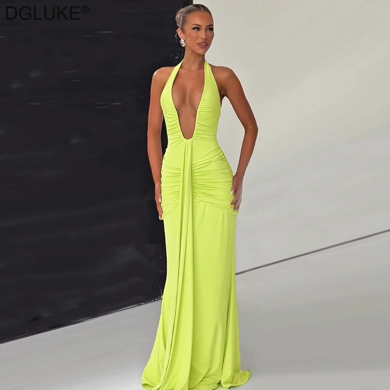 DGLUKE Plunge Halter Neck Maxi Dress Summer Sexy Ruched bodycon Long Dresses For Women Draped Mermaid Evening Dresses Luxury