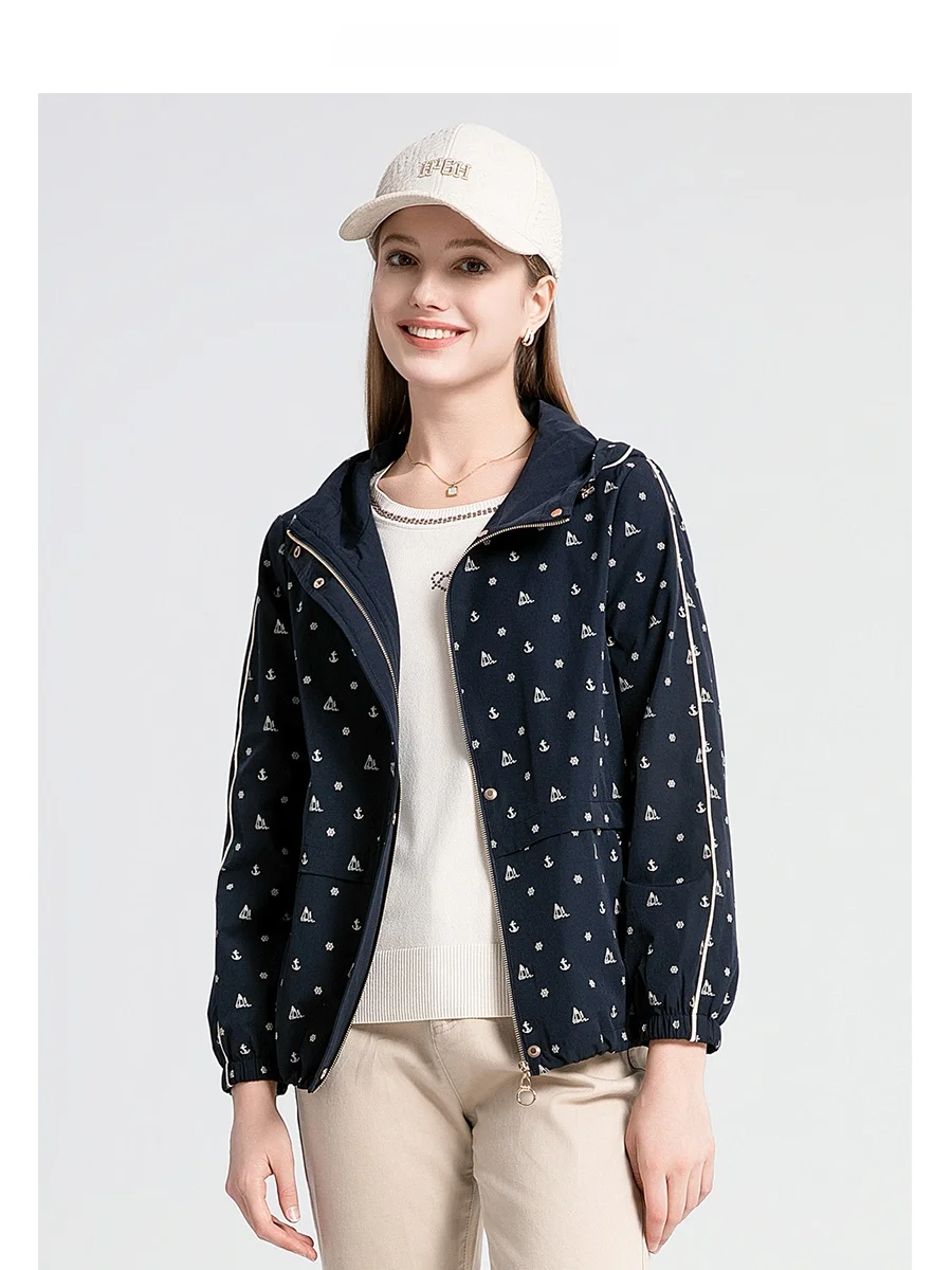 

Женская куртка с капюшоном и принтом, весна-осень, новая, свободного кроя, повседневная, из нейлона и спандекса, на молнии, китайский бренд