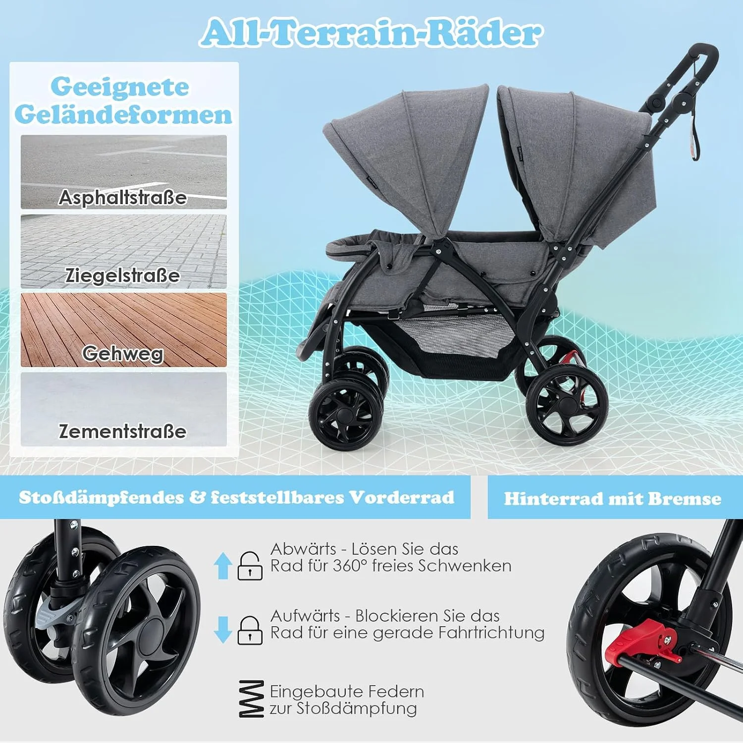 Klappbarer Doppelkinderwagen, Doppelkinderwagen mit verstellbarer Rückenlehne und Kapuze, Reisebuggy mit Liegefunktion – Detail 6