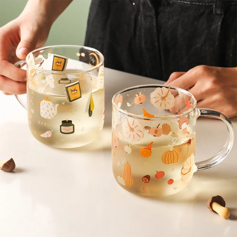 

Heat Resistant With Handle Glass Mug Breakfast Milk Cup Cute Office Home Coffee Mugs Lemon Mushroom Gourd Pattern Drinkware