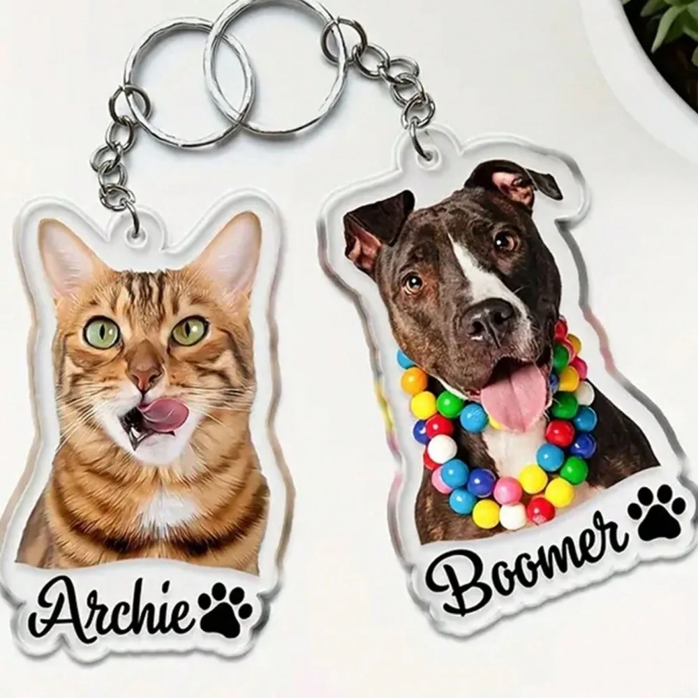 تخصيص الحيوانات الأليفة الاكريليك لوحة الظهر قلادة المفاتيح مجوهرات هدية تذكارية الكلب القط الحيوانات الأليفة اسم الصورة DIY مفتاح سلسلة هدية