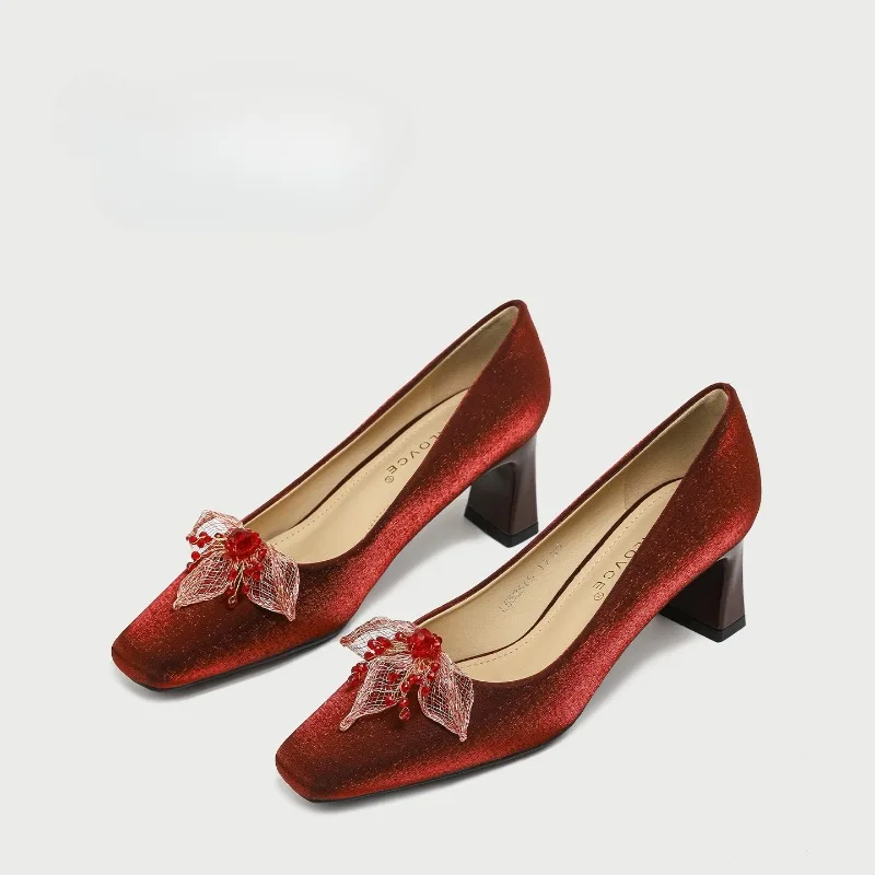 French Romance Women's Shoes Exquisite Flower Square Toe High Heels for Woman Elegant Wedding Shoes Designer Shoes Zapatos Mujer
