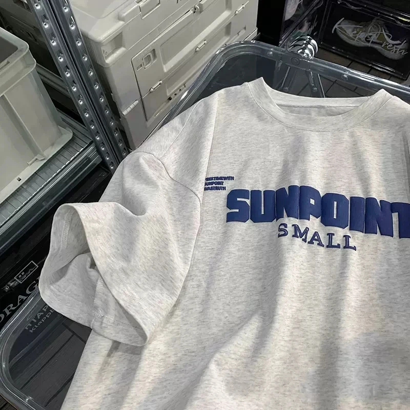 

Retro American Heavyweight Pure Cotton ort Sve T-irt ex Loose Versatile Top Youth Faion Summer Casual round Ne