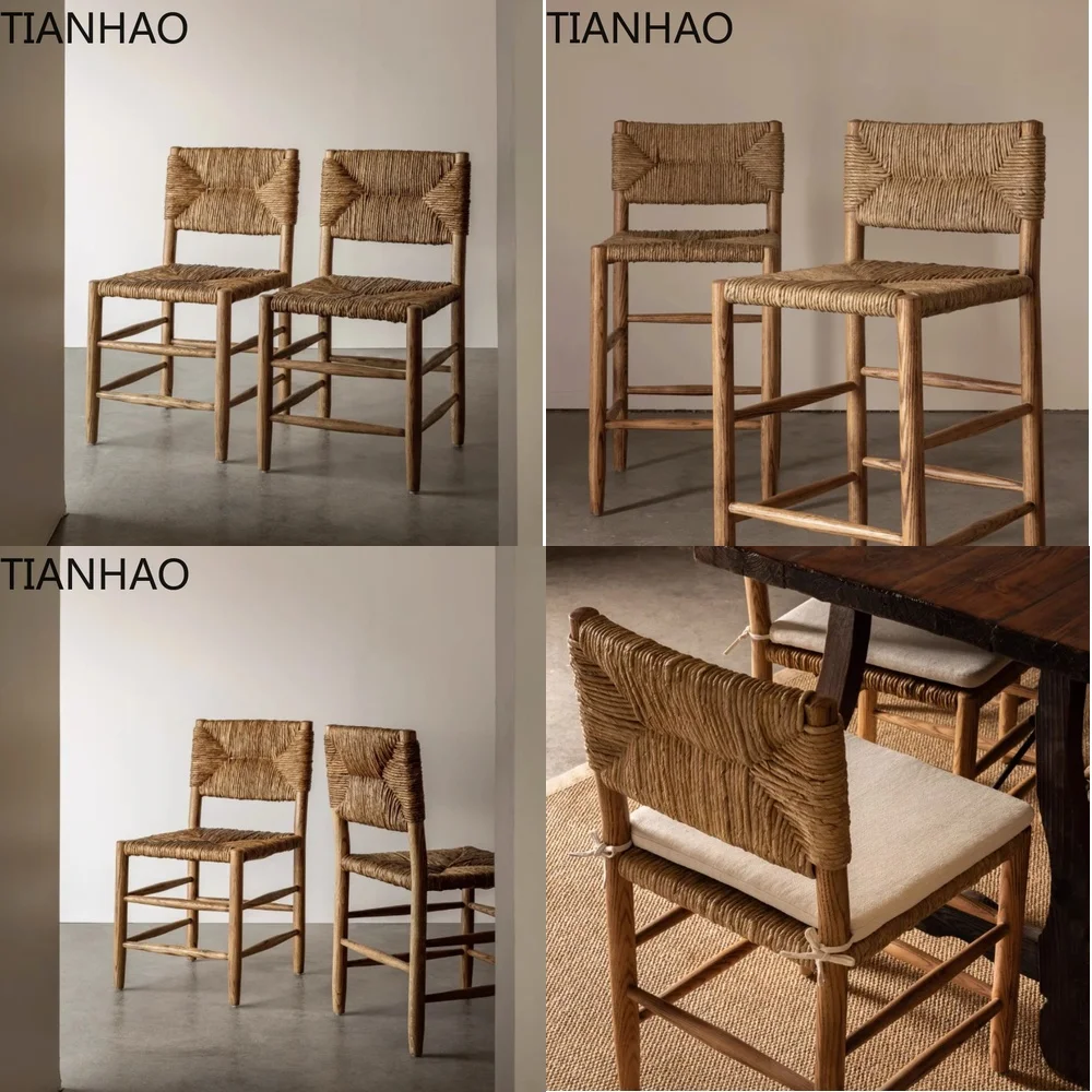 Rattan Dining Chair for Home Bar Table Modern Minimalist Restaurant Stool Vintage Wicker Seat Wooden Backrest Ergonomic