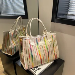 Rainbow Striped Canvas Totes for Women French Style Large Capacity Commuter Shoulder Tote Bags Casual Shopper Handbags