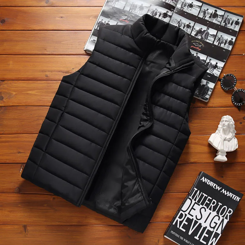 

2023 Big Size Winter Men Black Vest Parkas Cotton Casual Sleeveless Stand Thick Clothes Men Solid Color Vest Winter Jacket Men