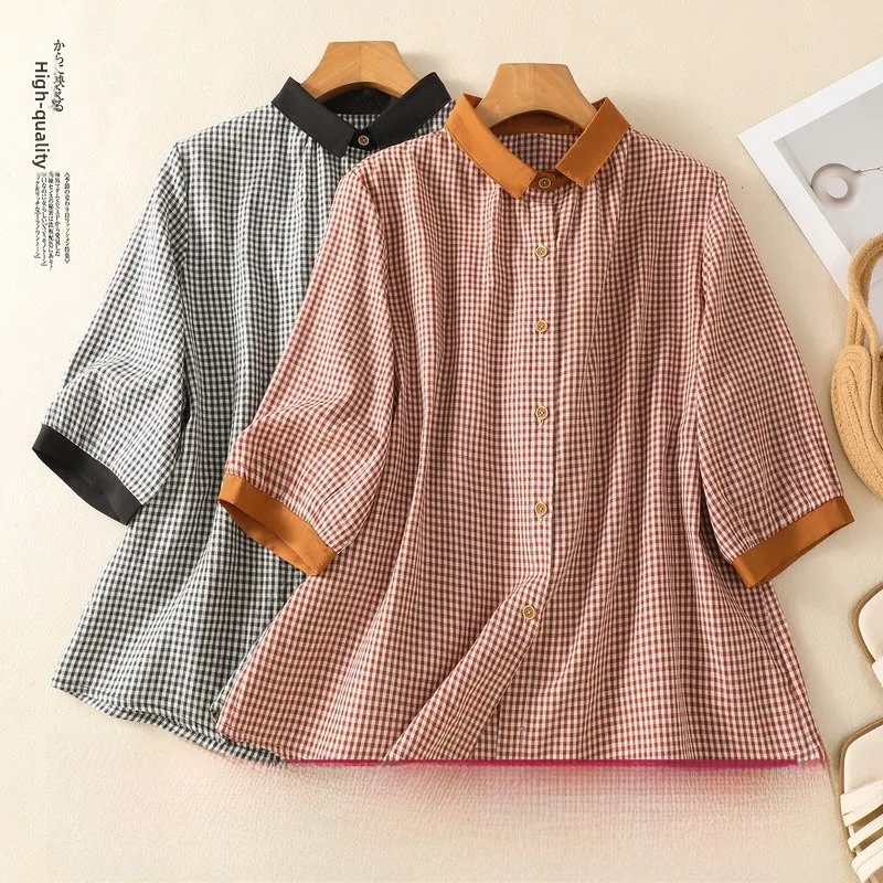 

Рубашка свободного кроя в стиле ретро с пуговицами, из смеси хлопка и льна, с клетчатым узором, женский летний топ