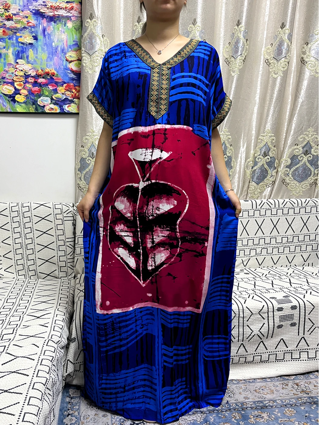 Abayas For Women 2023 Summer V-neck Cotton Printed Pattern Loose Fit Femme Robe African Nigeria Islam Novelty Design With Turban