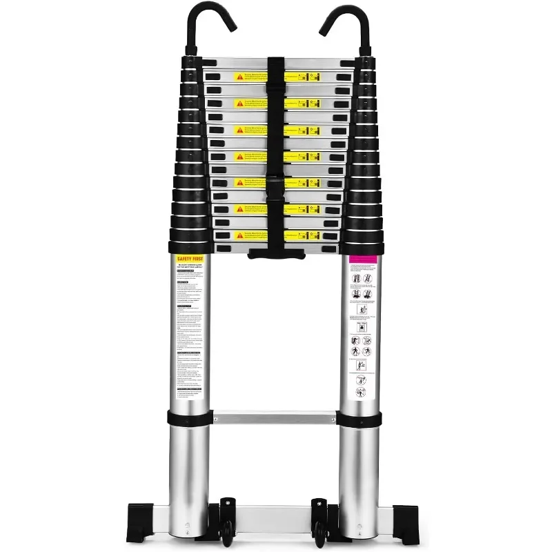 Escalera telescópica, escalera de extensión liviana de aluminio de 12,5 pies con 2 estabilizadores triangulares, capacidad máxima resistente de 330 libras