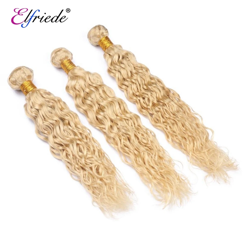 Elfriede #613 Blonde Water Wave Bundles with Closure Brazilian Remy Human Hair Weave 3 Bundles with 4X4 Transparent Lace Closure